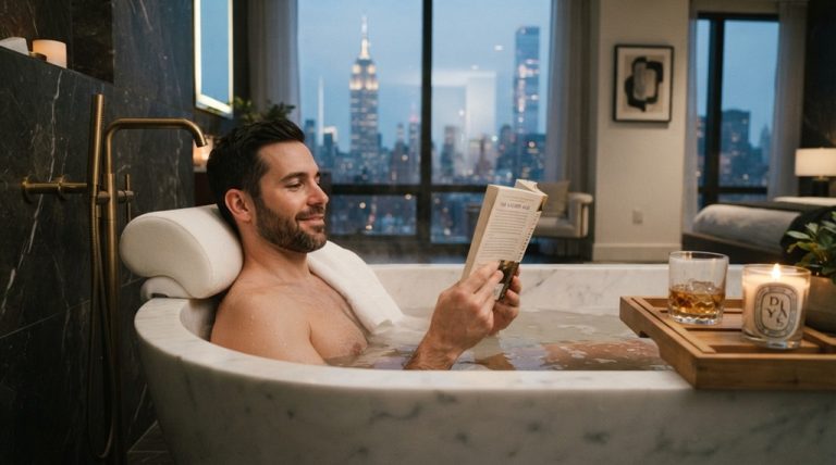 Man relaxing in a modern New York bathtub using a luxury bath pillow.