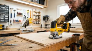 Woodworker cutting plywood with a cordless jig saw in a workshop.