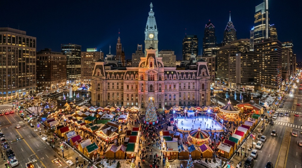 Aerial view of Christmas Village at Philadelphia City Hall decorated with festive lights and holiday decorations