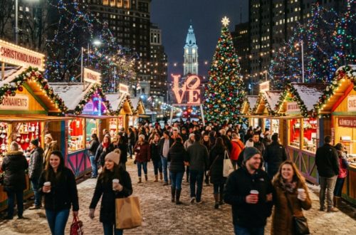 Colorful wooden vendor huts at Christmas Village Philadelphia with holiday lights and crowds at LOVE Park