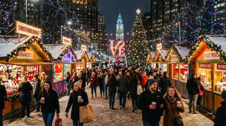 Colorful wooden vendor huts at Christmas Village Philadelphia with holiday lights and crowds at LOVE Park