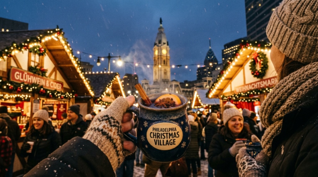 Warm Glühwein mulled wine in a ceramic mug at Philadelphia's outdoor Christmas market in winter