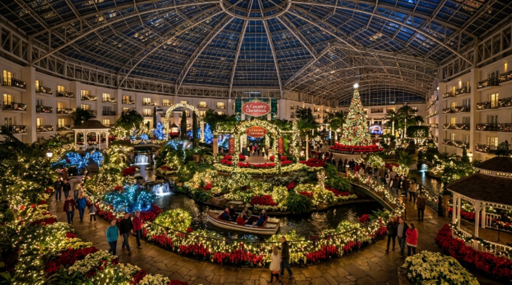 The illuminated glass atrium of Gaylord Opryland Resort decorated with thousands of holiday lights and poinsettias for A Country Christmas 2026