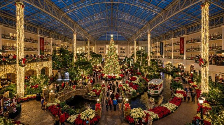 Families walking through glowing ice sculptures inside the ICE! attraction at Gaylord Opryland Resort during the 2026 Christmas season