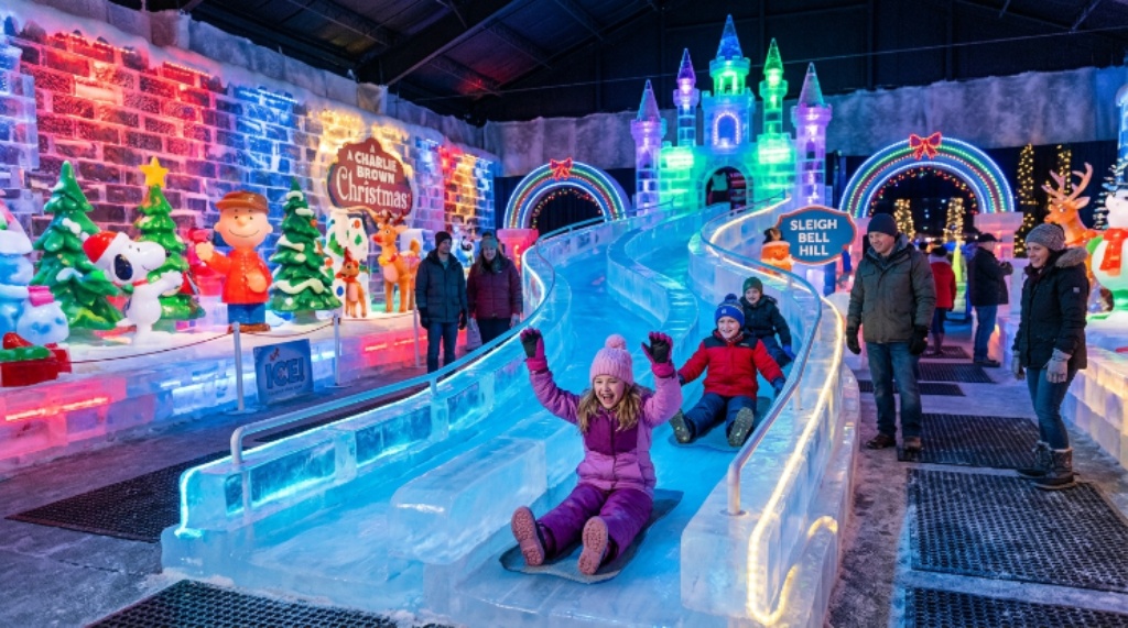 Children riding ice slides inside the ICE! pavilion at Gaylord Opryland Resort, surrounded by colorful carved ice displays