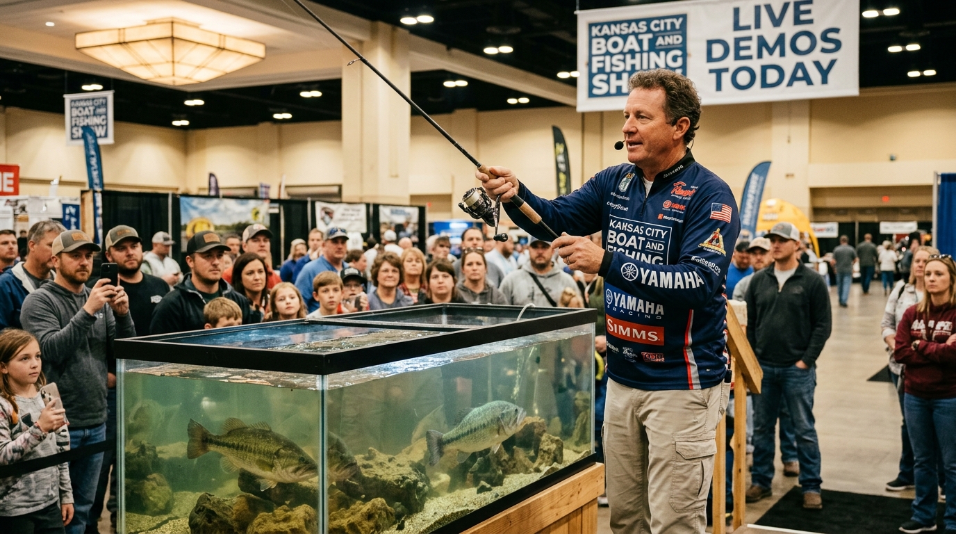 A pro angler demonstrating fishing techniques at a live aquarium tank during the Kansas City Boat and Fishing Show