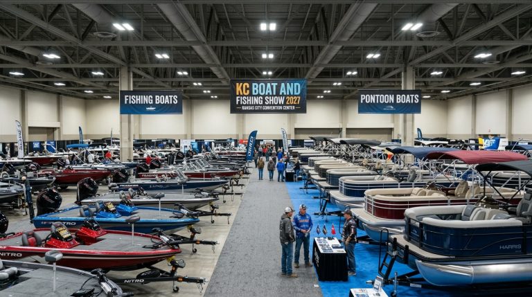 Rows of fishing and pontoon boats on display at the KC Boat and Fishing Show 2027 inside Kansas City Convention Center
