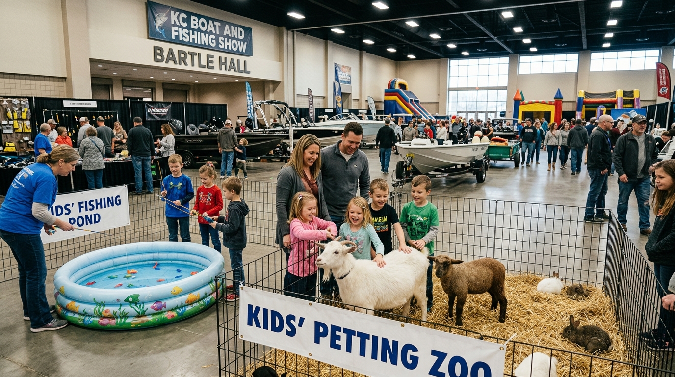 Families and children enjoying the petting zoo and kids activities at the KC Boat and Fishing Show at Bartle Hall