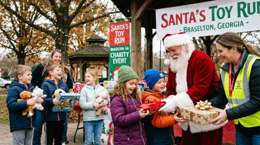 Children receiving toy donations at the Santa's Toy Run charity event in Braselton Georgia