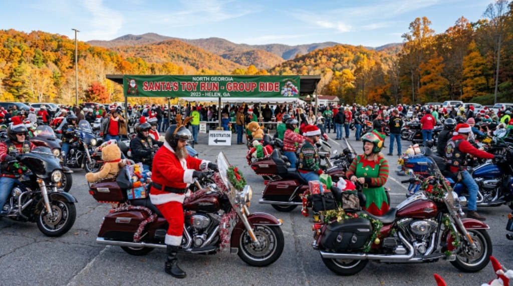 Riders in holiday gear preparing for the Santa's Toy Run group ride in North Georgia